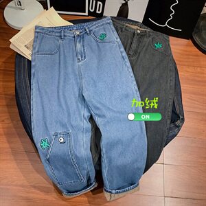 小怪兽情侣牛仔裤加绒不加绒可选可爱卡通绣花直筒裤子图片