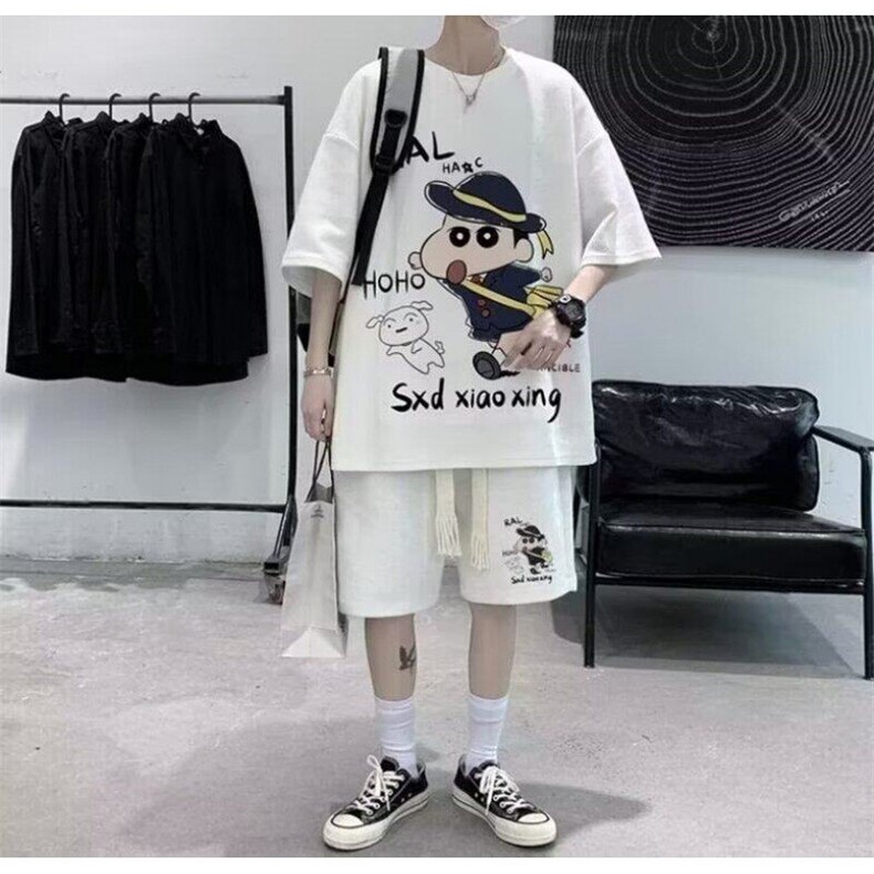 青少年套装男士夏季薄款运动T恤休闲华夫格短裤短袖ins潮牌两件套图片