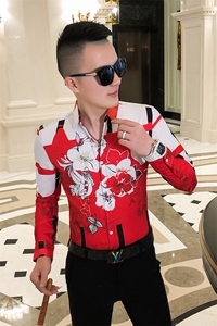 2021春秋衬衫社会男长袖上衣印花男装韩版修身四季潮流衬衣Q872-P55图片
