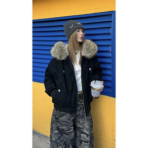 现货重磅boxy短款棉衣座山雕大毛毛领男女棉服水洗工装厚外套图片
