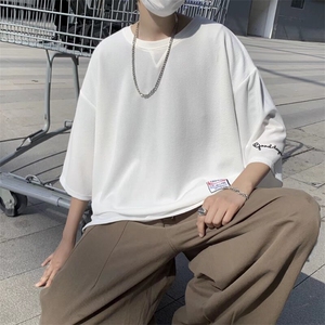 七分袖t恤男夏季薄款短袖港风潮牌宽松休闲大码帅气半袖上衣体恤图片