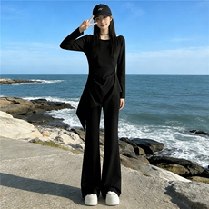 设计感时尚休闲套装女春款修身显瘦不规则长袖上衣微喇长裤两件套，女装套装/套裙，江南
