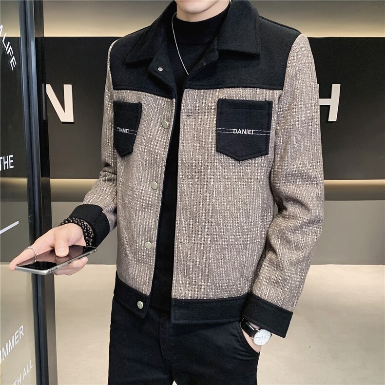 2023秋冬新款修身拼色翻领毛呢大衣男夹克外套男N8868-p120,男装毛呢大衣,电商D303
