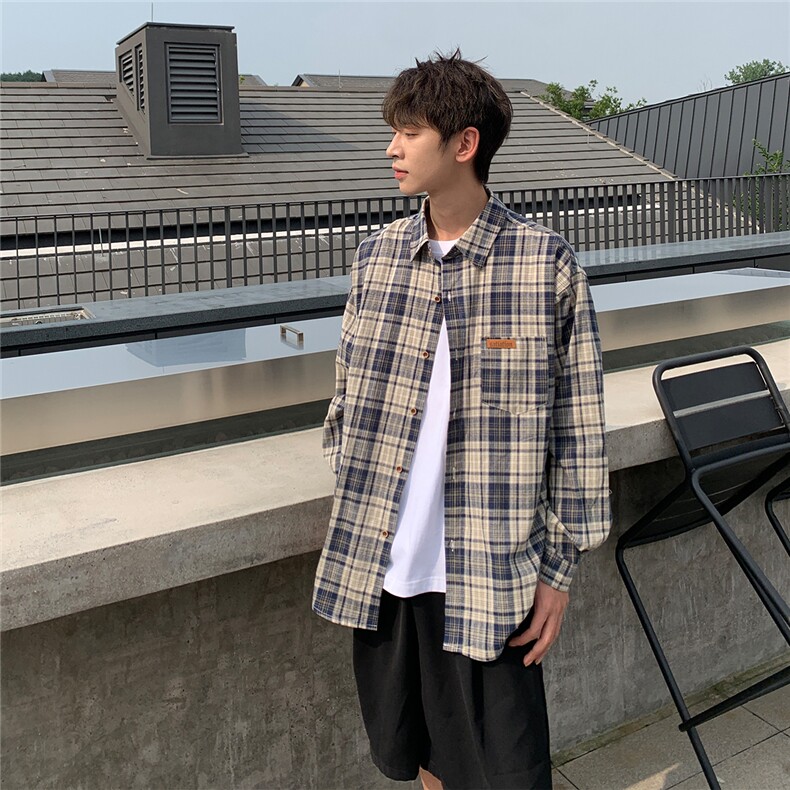 B413-1-DX878港风休闲格子长袖衬衫男美式高街宽松百搭复古上衣,男装衬衫,电商B413-1