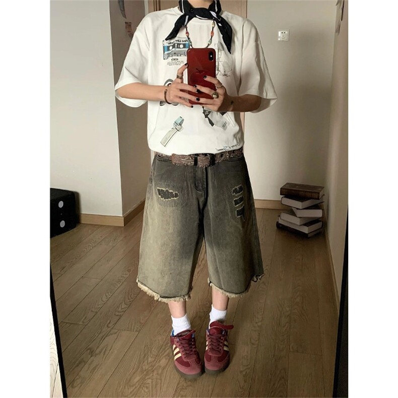 夏季新款美式复古水洗做旧渐变宽松潮牌毛边牛仔五分裤BA162-P45，男装牛仔裤，星座208-5