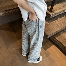 蓝色提花牛仔裤男夏季美式高街潮牌痞帅炸街牛仔裤子A22-P45，男装牛仔裤，星座1001-1