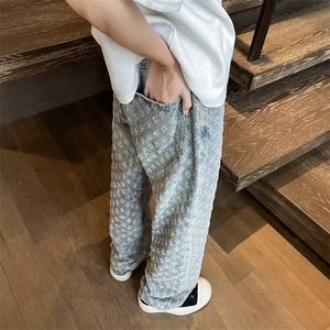 蓝色提花牛仔裤男夏季美式高街 潮牌痞帅炸街牛仔裤子 A22-P45图片