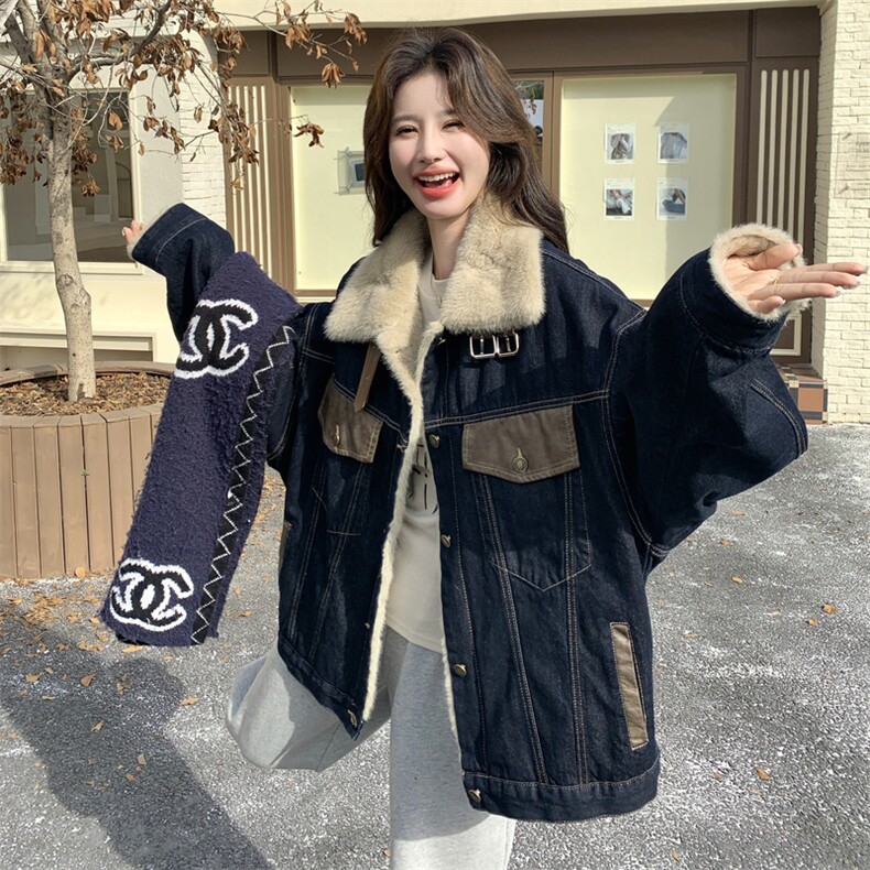 新款主推牛仔拼接皮仿貂毛牛仔外套2668-P195-K298,女装短外套,2C129