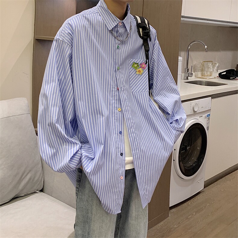 日系cityboy蓝白条纹衬衫男秋季潮牌长袖衬衣宽松外套CS10-P40图片