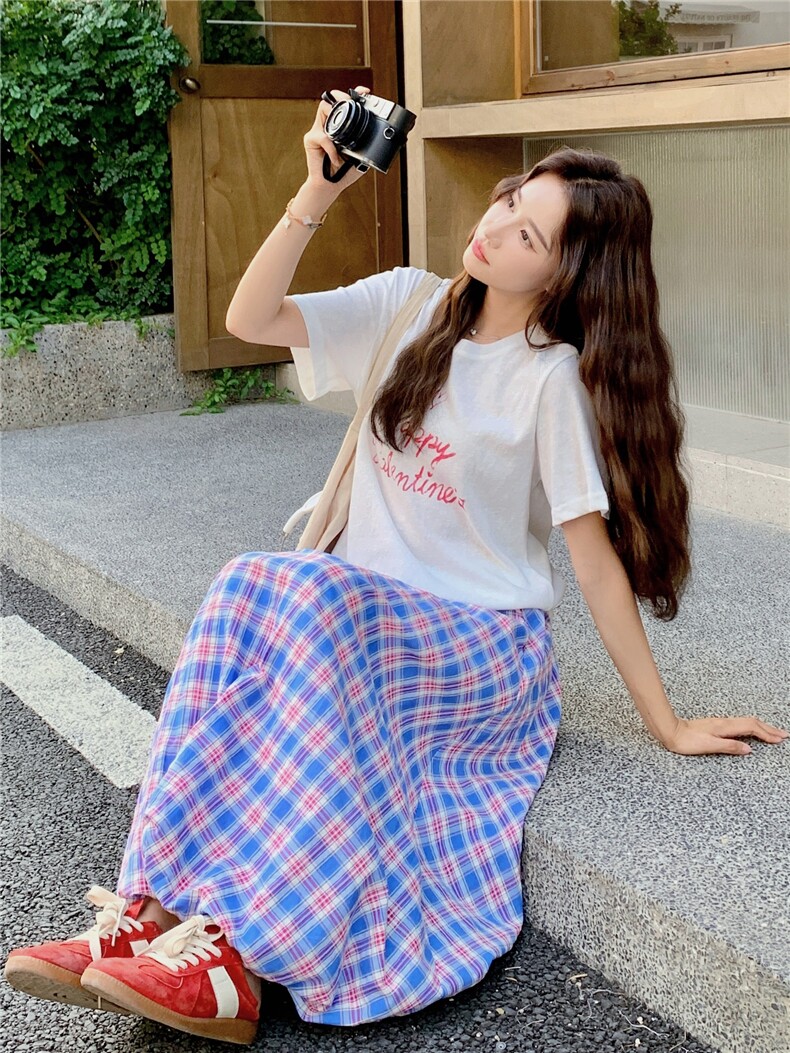 学院风减龄两件套女2025夏季新款韩版小个子字母T恤格子半身裙潮,女装套装/套裙,慧尚2-185
