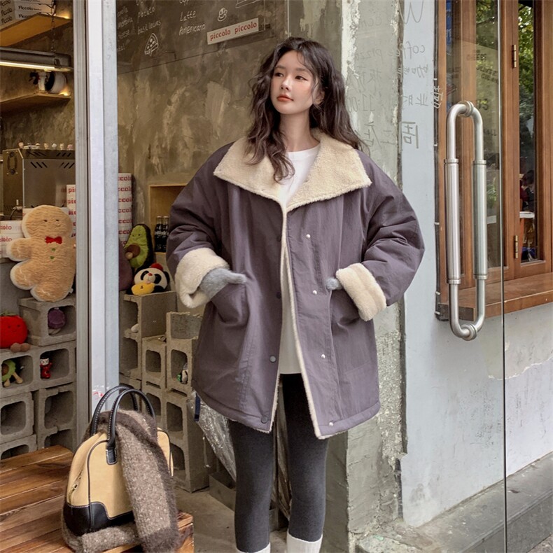 暗紫色羊羔毛外套派克服女冬季小个子中长款棉衣棉袄,女装棉衣/棉服,2C120