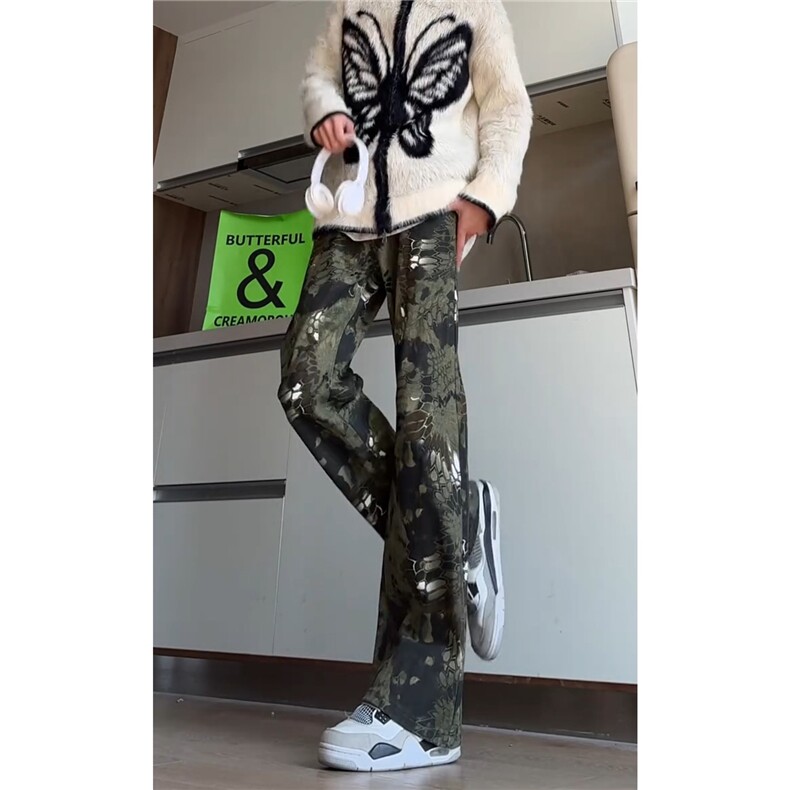 蛇年限定迷彩微喇牛仔裤男款春秋美式cleanfit高个子直筒微喇裤子,男装牛仔裤,星座1210-1