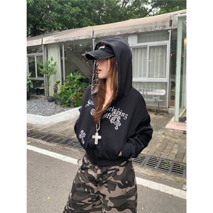 JIAONI美式复古豹纹拼接连帽开衫卫衣女重磅宽松休闲高街拉链上衣图片