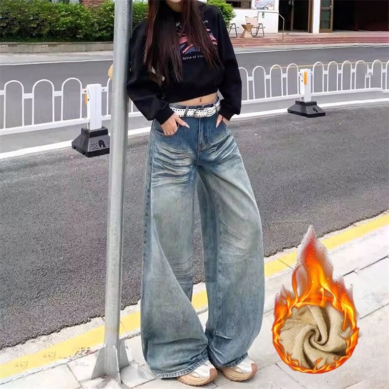 通勤街头休闲阔腿牛仔裤女加绒加厚水洗垂感显瘦个性牛仔牛仔裤潮图片