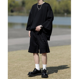 8XL-M 高级感纹理短袖套装男夏季慵懒风T恤短裤两件套TZ108P78图片