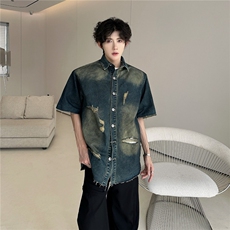 复古风破洞牛仔夹克衬衫男夏季穿搭痞帅短袖牛仔衬衫潮9960P62，男装夹克，星座410-2