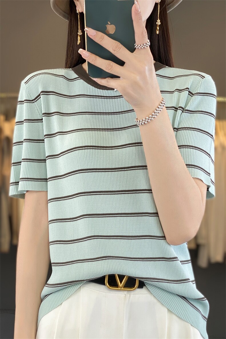 桑蚕丝圆领条纹短袖Tt恤女士2025新款薄款撞色冰丝针织上衣,针织衫/毛衣,大美人包芯纱店