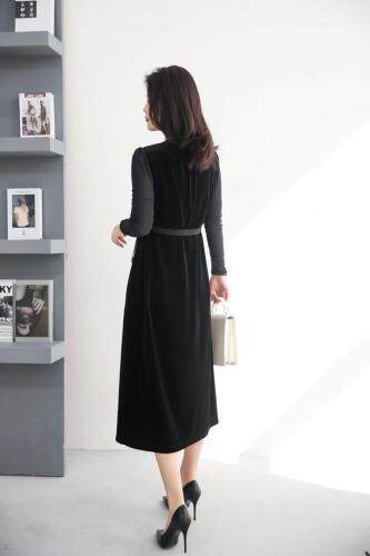 【现货】秋季新款时尚修身显瘦系腰带中长款丝绒连衣裙，女装连衣裙，名怡