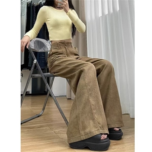 拉德卡其色阔腿牛仔裤女夏季拖地工装高腰宽松显瘦直筒喇叭裤子图片