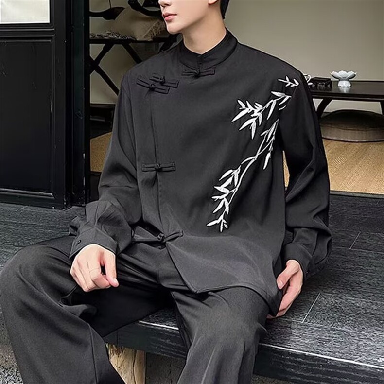 新中式风男装风宽松翠竹垫肩衬衫外套男中山装上衣立领新款，男装衬衫，星座506A
