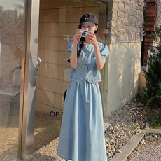 新款现货主推泡泡袖牛仔休闲两件套裙212A-605-P135-K188，女装套装/套裙，浙宝212A
