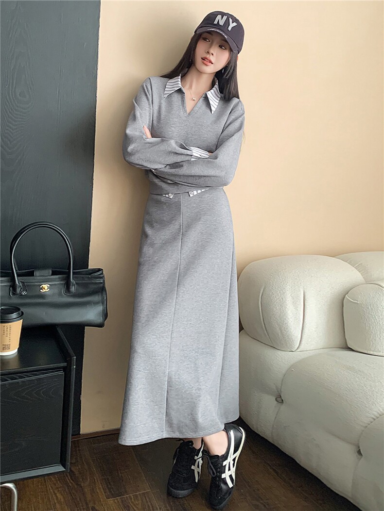 韩版假两件拼接卫衣高腰显瘦半身裙女秋季新款盐系炸街减龄两件套,女装套装/套裙,江南