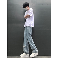 现货夏季显瘦破洞设计感宽松直筒高街薄款休闲牛仔裤K5802-特P35，男装牛仔裤，星座205