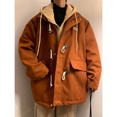 EQ160冬季呢大衣男假两件牛角扣撞色毛呢外套小众设计感棉衣P148，男装毛呢大衣，电商C306-1