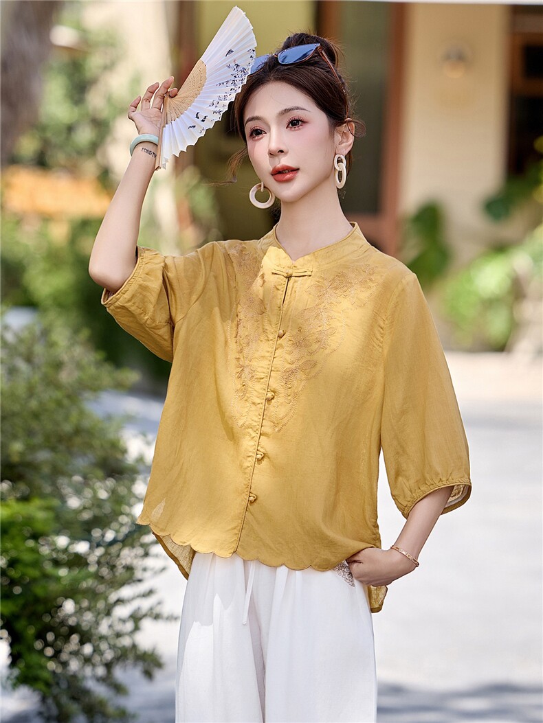 长期有货2026苎麻刺绣天丝上衣女夏季薄款中袖衬衫中老年妈妈T恤,女装衬衫,璐依舞