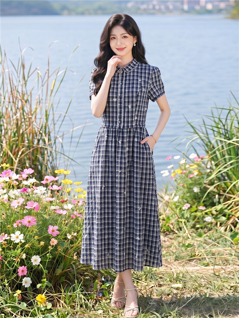 夏季格纹绣花收腰显瘦学院风优雅气质连衣裙,女装连衣裙,水衣源