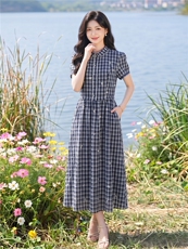 夏季格纹绣花收腰显瘦学院风优雅气质连衣裙，女装连衣裙，水衣源