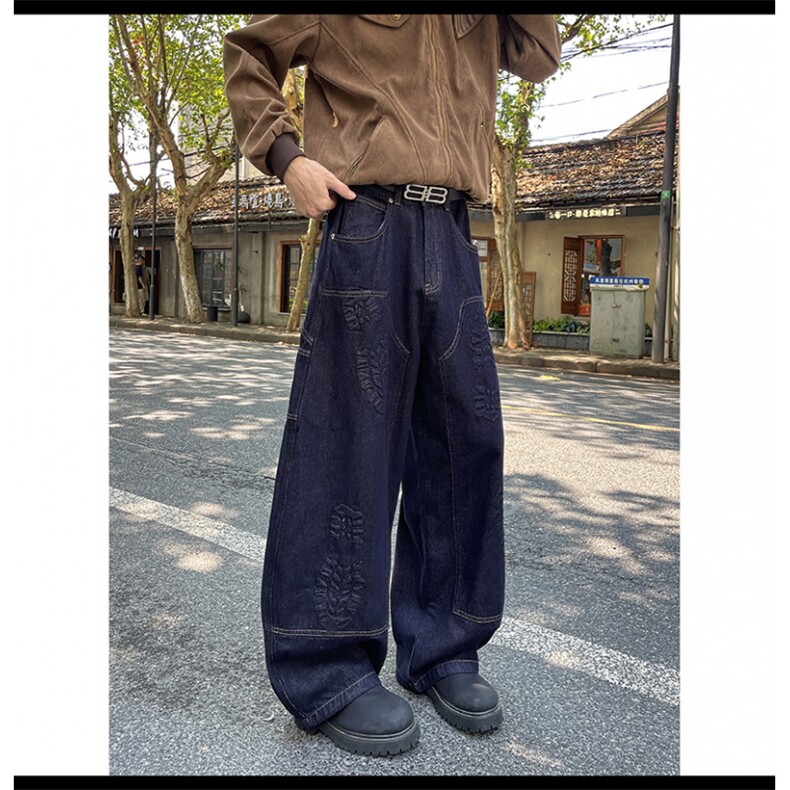 美式复古蓝色立体鞋印设计弯刀牛仔裤男潮牌阔腿镰刀裤,男装牛仔裤,四季星座505