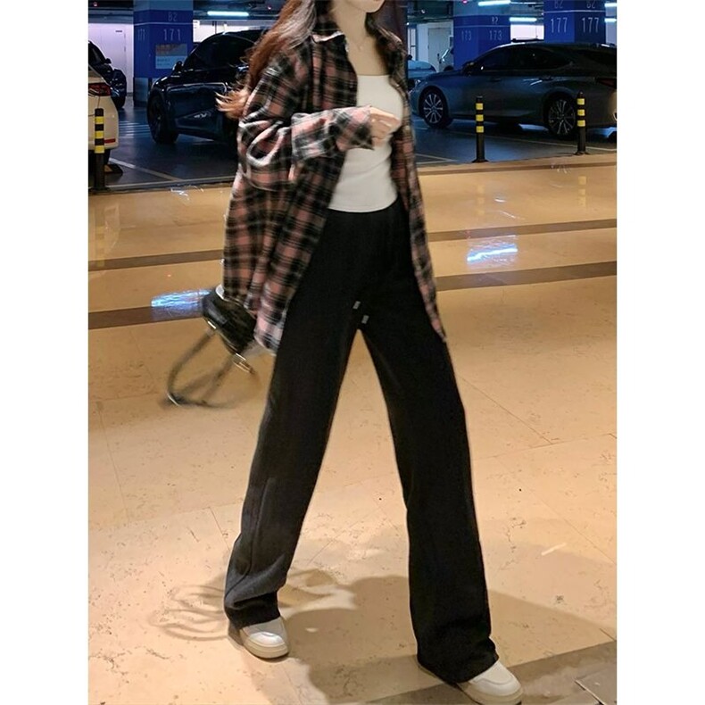 美式格子慵懒粉色长袖宽松衬衫秋季新款设计小众外套休闲上衣,男装衬衫,星座1210-1
