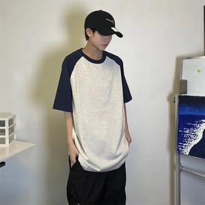 抖音得物高品质二开240克宽松纯棉美式潮牌插肩袖拼接短袖T恤
