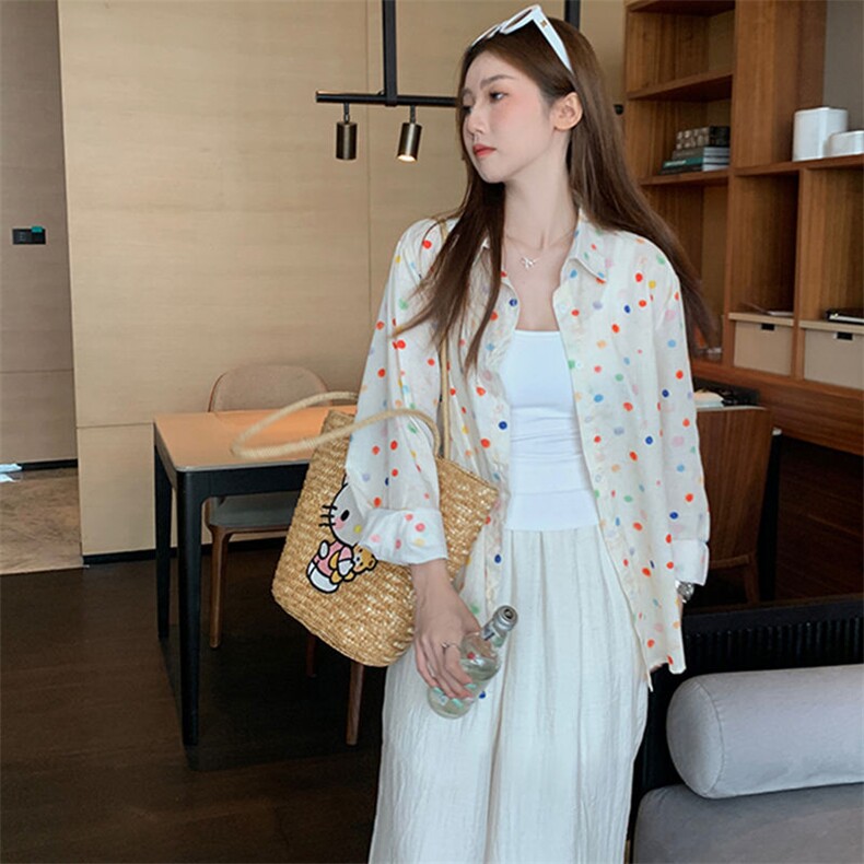TC753-P45复古彩色波点翻领衬衫女减龄百搭轻薄上衣2025夏季衬衣,男装衬衫,星座617A-2