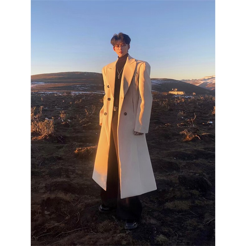 现货~戗驳领收腰垫肩毛呢大衣过膝长款风衣外套Y963-P125，男装风衣，星座1004-3