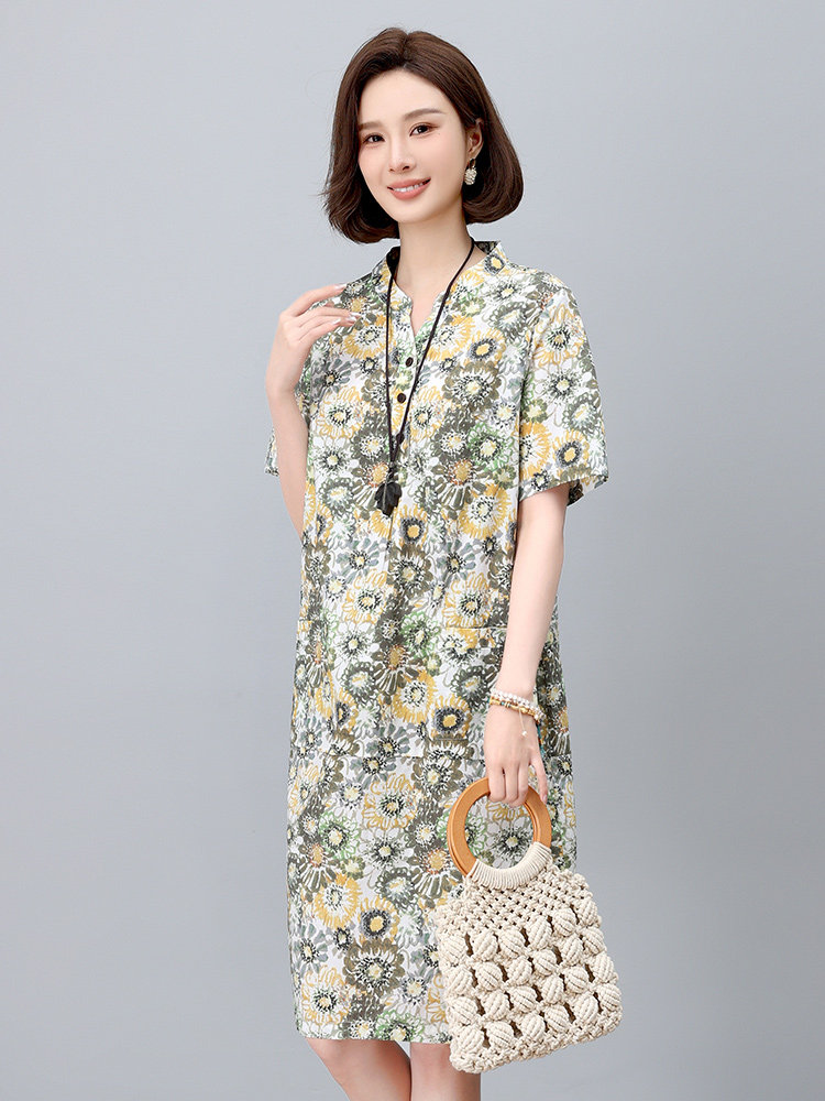 碎花连衣裙2025新款夏季纯棉超火宽松显瘦直筒裙中年妈妈休闲裙子,女装连衣裙,依恋蒂丝