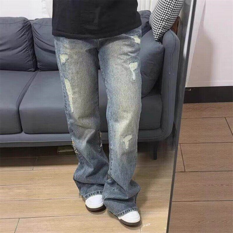 美式复古高街风ins民族风腰果花拼色磨破直筒牛仔裤男LA0933-P54,男装牛仔裤,星座1008