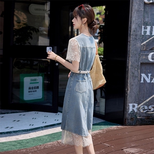 欧货时尚连衣裙女夏季新款韩系洋气减龄蕾丝拼接牛仔开叉半身裙潮图片