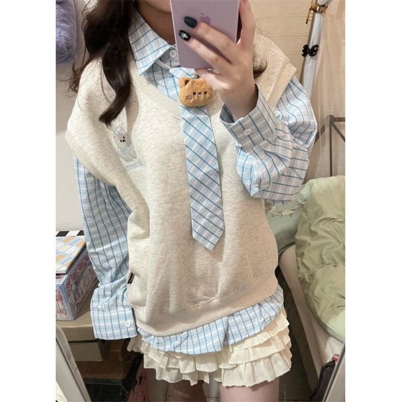 日系学院风格纹假两件翻领卫衣男女领带宽松百搭外套-Y3154,女装短外套,星座601-1
