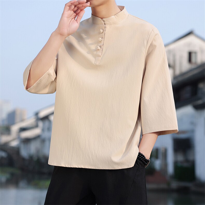 2025新款夏季风纯色立领上衣盘扣休闲T恤宽松潮流男T2505-P45,男装T恤,电商A008
