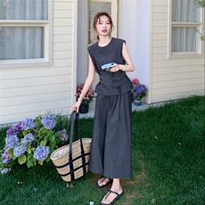 老钱风深灰色无袖背心阔腿裤套装女夏大方得体穿搭减龄超火两件套，女装套装/套裙，2C170