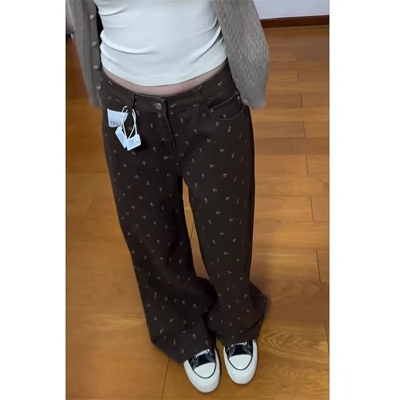 美拉德复古棕色碎花牛仔裤女秋冬季2026新款宽松直筒阔腿拖地裤子,男装牛仔裤,星座1210-1