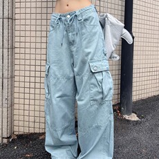 77lin美式雾霾蓝多口袋工装裤男女宽松休闲垂感阔腿牛仔拖地裤潮，男装工装外套，星座506A