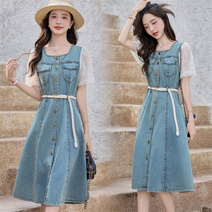 2025夏季新款蕾丝泡泡袖牛仔连衣裙女中长款方领单排扣休闲裙子潮,女装牛仔裙,悦祺