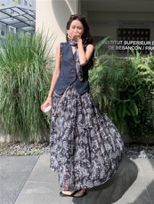 《26夏上新》复古水洗收腰薄牛仔+波西米亚大裙摆半裙两件套女，女装套装/套裙，时尚风爆