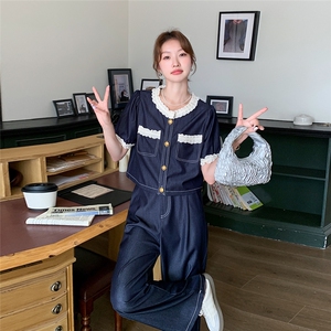 蓝色短袖牛仔套装女2025夏季新款今年流行穿搭一整套装长裤两件套图片
