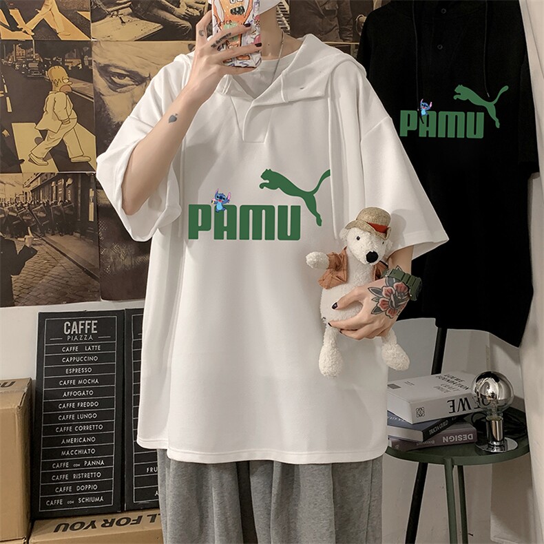 LD54227-P45 连帽短袖t恤男大码胖子带帽五分袖中袖图片