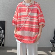 8XL-M特大码美式复古条纹撞色针织POLO衫翻领休闲短袖TDX311P35，男装Polo衫，电商D206-1
