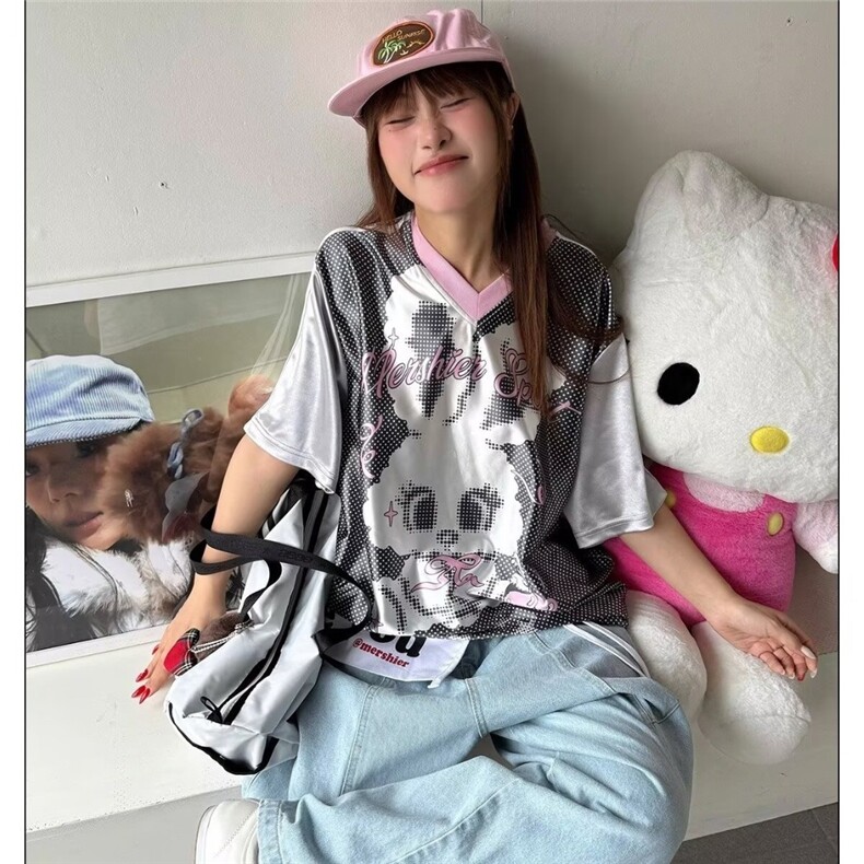 2025美式T恤女夏季新款休闲像素印花短袖时尚潮流熊猫圆领上衣潮,男装T恤,星座506A